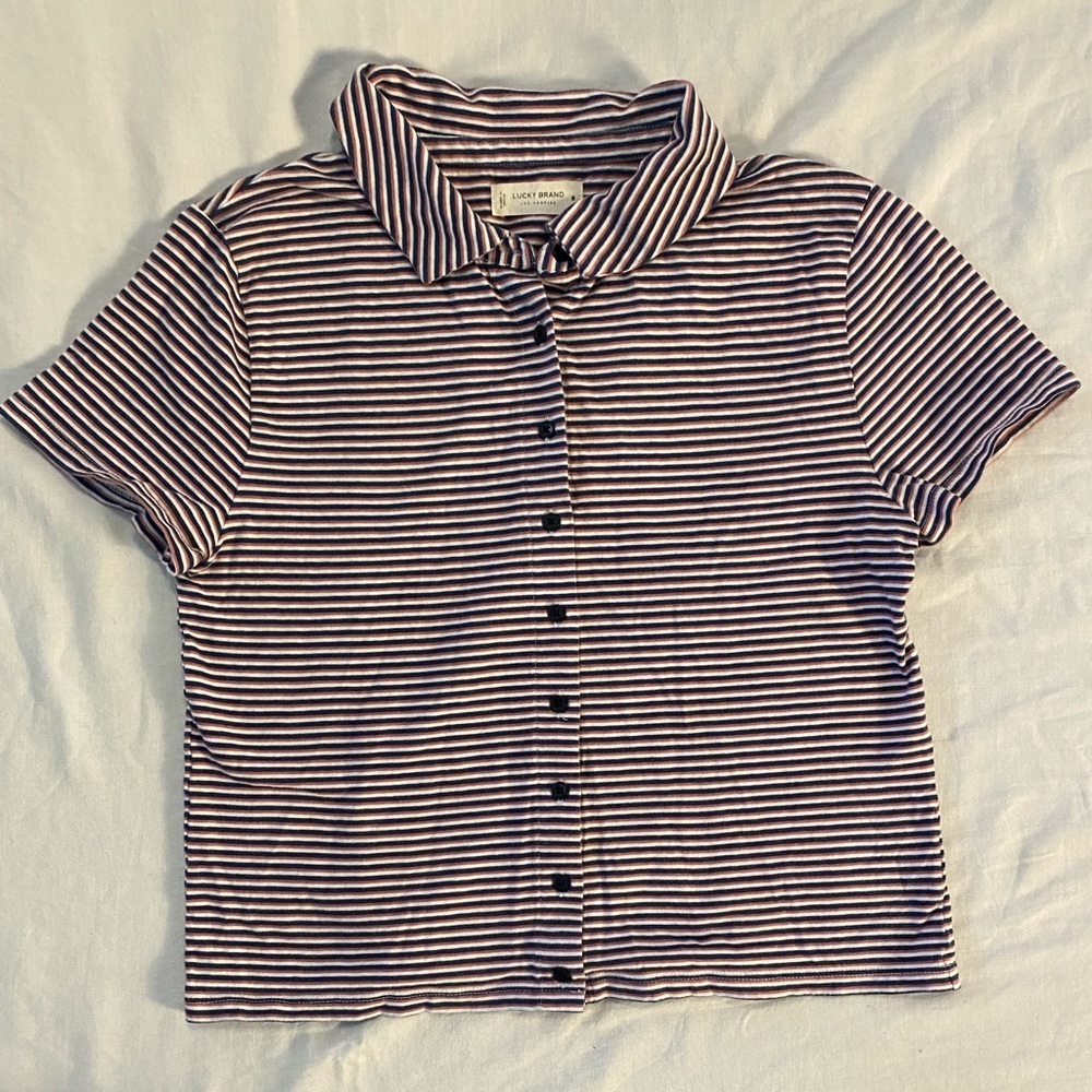 Lucky Brand Los Angelos Women's Striped Short Sleeve Button Up Shirt Size Medium